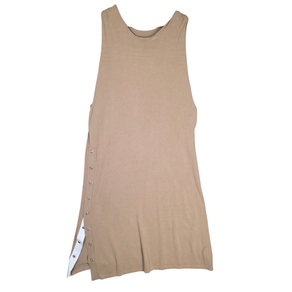 Knit Side Snap Button Midi Dress Women L Tan GOOD Quiet Luxury Earthy Chic